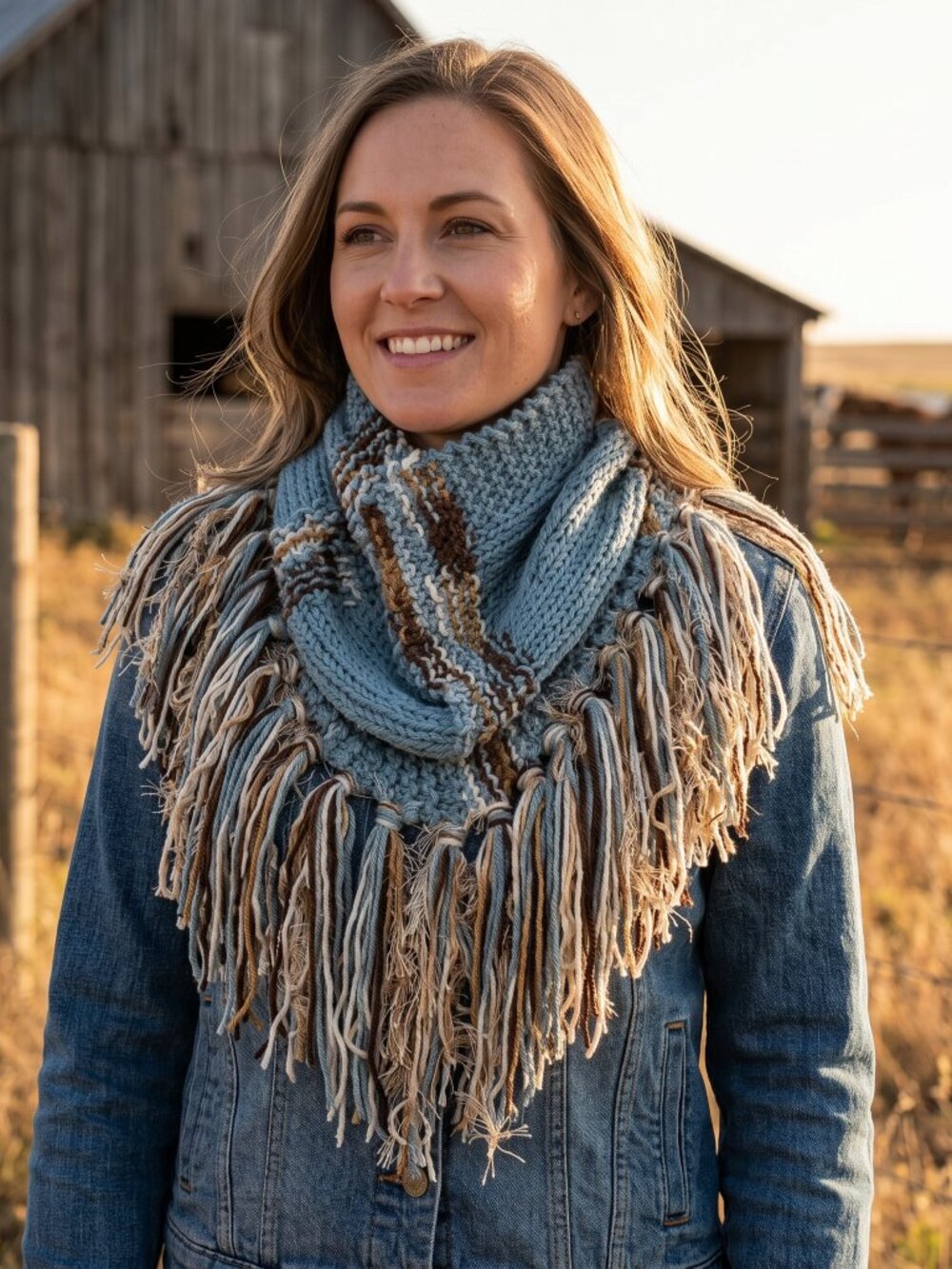 NEW Hand Knitted Boho Cowl Scarf Blue Brown Cottage Artsy Indie Coastal Western